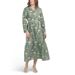 FRANCESCA BETTI Italy Linen Blend Palm Print Shirt Dress With Rope Belt